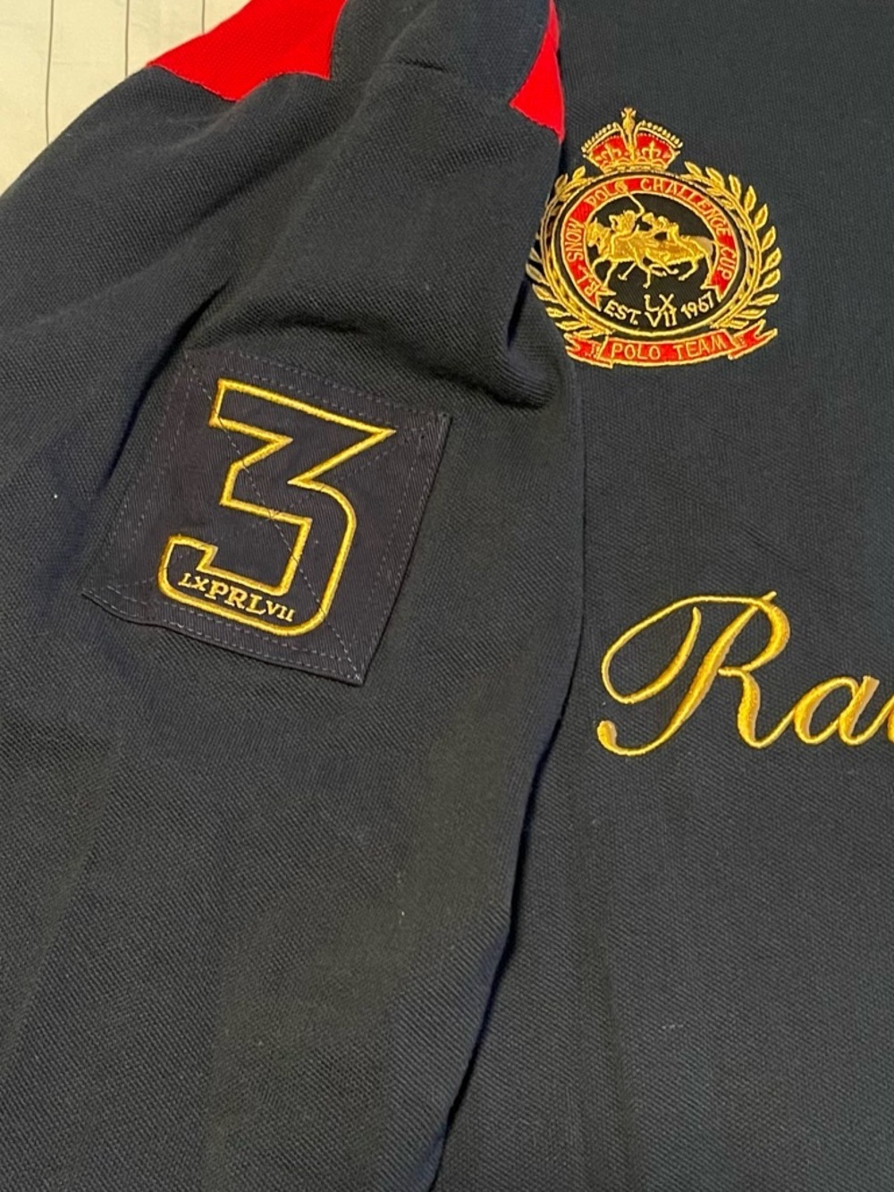 VTG Polo Ralph Lauren Rugby Shirt Mens 3XL Tall Gold Crest Blue Red Big Pony - Picture 9 of 14